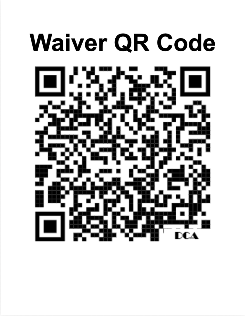 QR code labeled 'Waiver QR Code' with smaller QR code in corner.